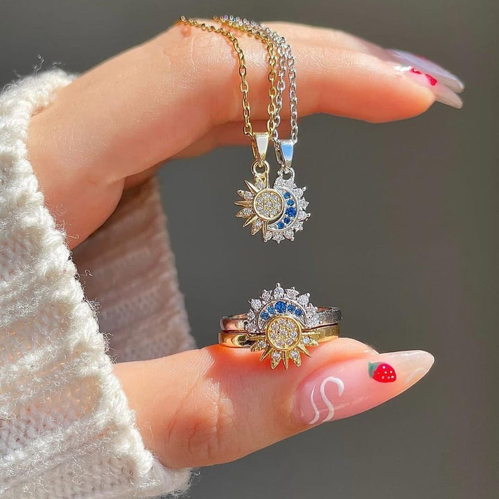 🌌💖 ¡Brilla con Estilo! Lleva Contigo el Dúo de Collares y Anillos Sol y Luna en Promoción, ¡Aprovecha Antes de Que Se Agoten! ⏳✨